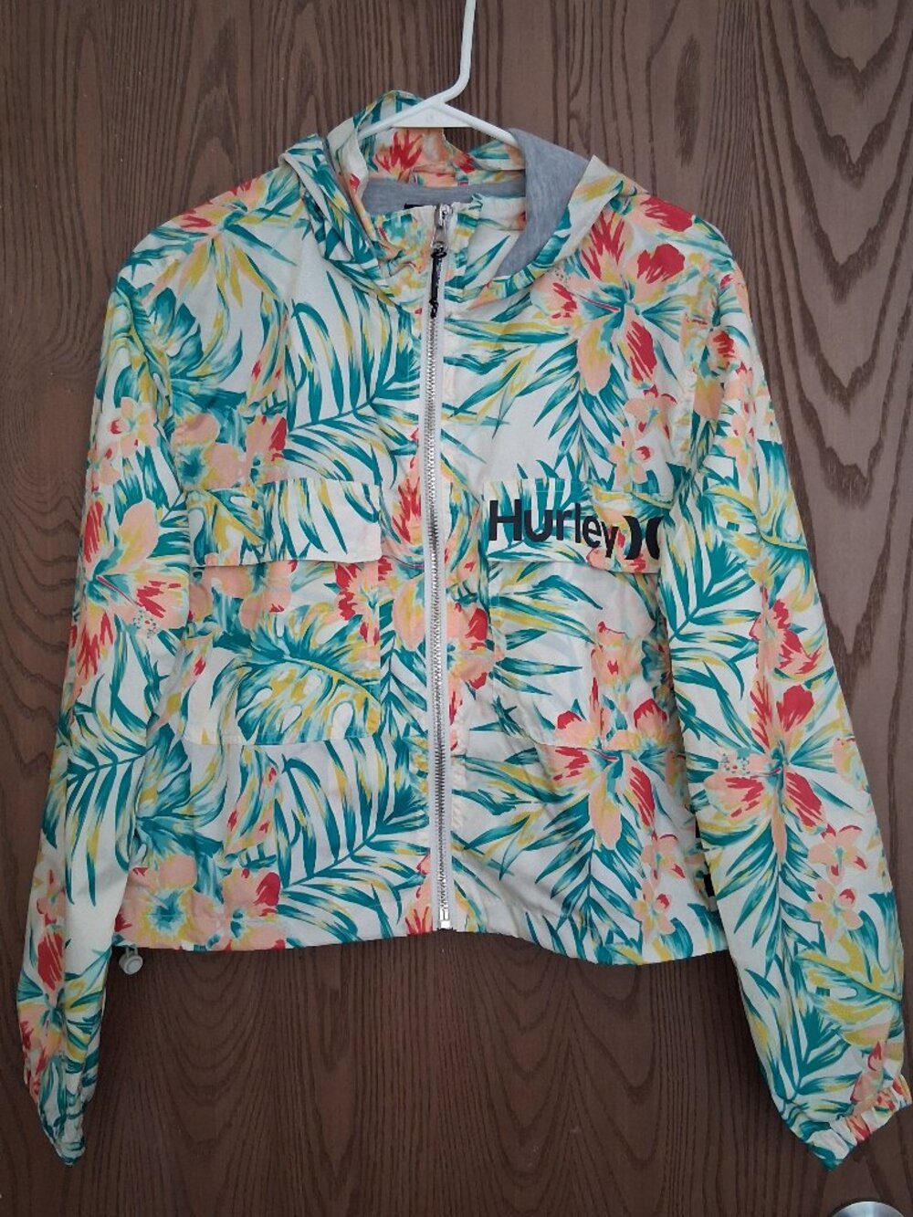 Hurley Women's Floral Tropical Two Pocket Zip Hood Windbreaker Jacket Large
